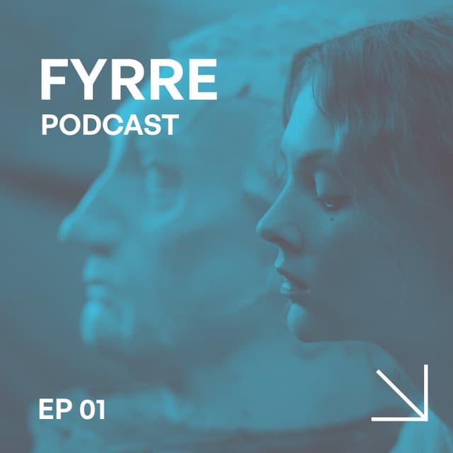 A blue-tinged side image showing a woman with a mole under her left eye looking downwards, and behind her is a statue of a man appearing parallel to her position with the words Audiologue PODCAST at the top left and EP 01 at the bottom left and an arrow pointing in the bottom right