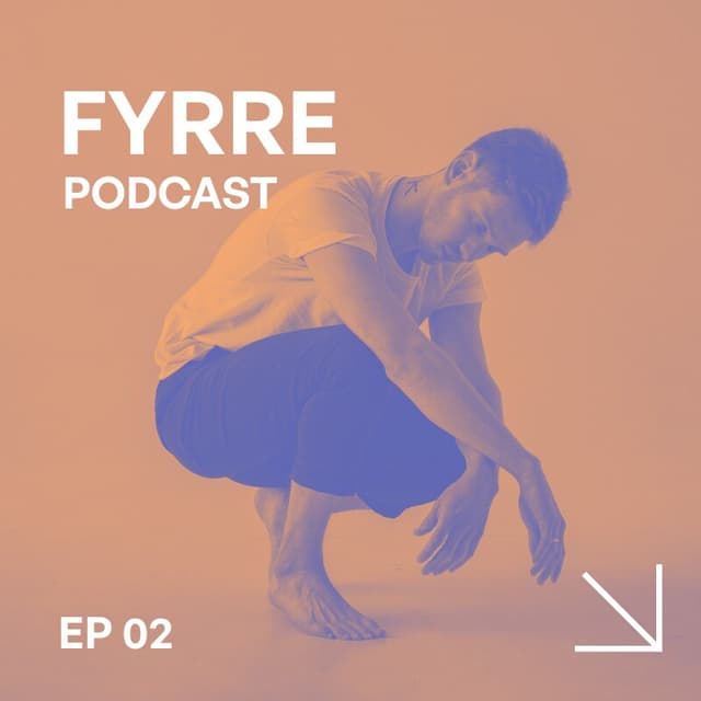 An orange-tinged side image showing a man crouched on the floor facing the ground with his eyes closed, his arms laid across his knees and a shape tattoed on his neck with the words Audiologue PODCAST at the top left and EP 02 at the bottom left and an arrow pointing in the bottom right