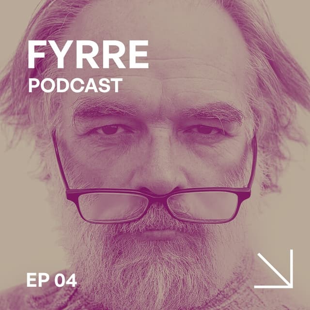 A highly-edited image modified using warm filters showing an elderly man with wide-growing hair and beard and spectacles resting underneath his nose looking at the camera with the words Audiologue PODCAST at the top left and EP 04 at the bottom left and an arrow pointing in the bottom right