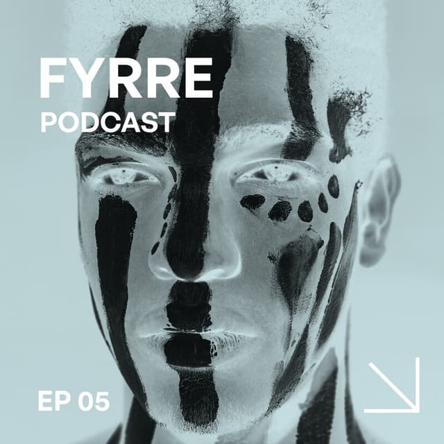 A highly-edited image modified using negative temperature showing a man's face with cultural markings running from his forehead to his chin and fingerprints under his left eye with the words Audiologue PODCAST at the top left and EP 05 at the bottom left and an arrow pointing in the bottom right