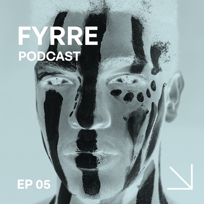 A highly-edited image modified using negative temperature showing a man's face with cultural markings running from his forehead to his chin and fingerprints under his left eye with the words Audiologue PODCAST at the top left and EP 05 at the bottom left and an arrow pointing in the bottom right
